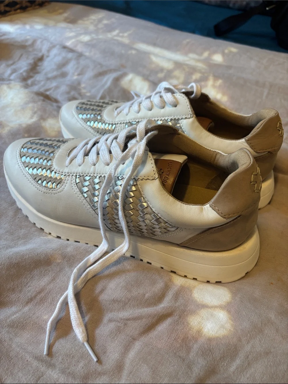 Women's Beige Lace-Up Sneakers with Iridescent Woven Detail